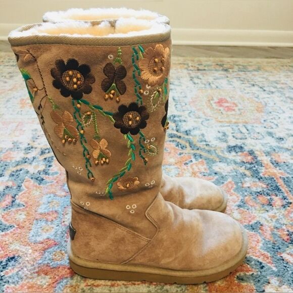 UGG Shoes - UGG Australia Embroidered Beaded Flower Floral Tan Boots 7